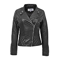 DR233 Women's Biker Leather Jacket Quilted Design Black