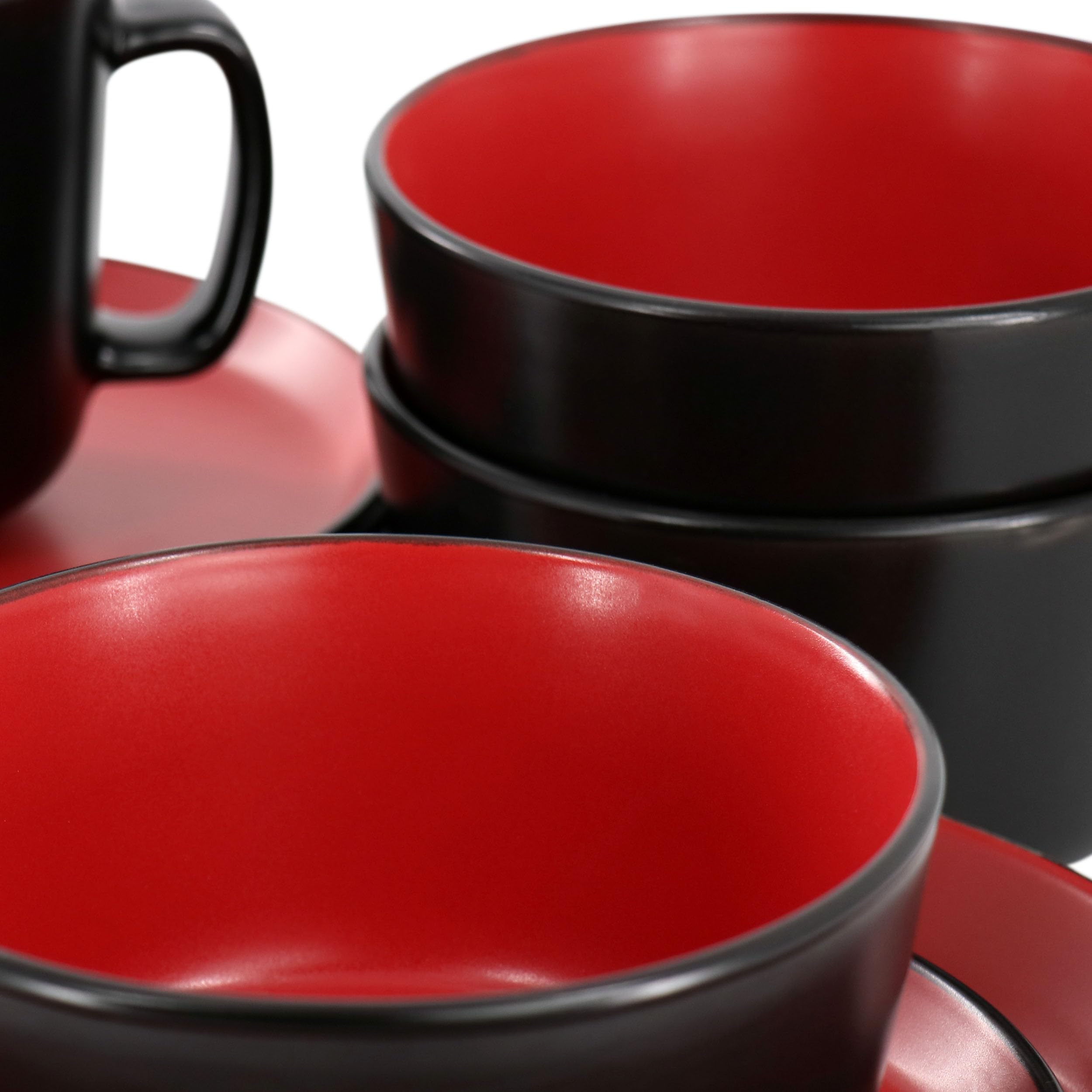 Elama Bacarra 16 Piece Stoneware Dinnerware Set in Two Tone Black and Red