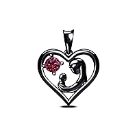 Black Rhodium On 925 Sterling Silver Red Ruby Mom and Child Heart Pendant