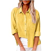 Clearance Deals Cotton Linen Button Down Shirts for Women Long Sleeve Collared Work Blouse Trendy Loose Fit Summer Tops with Pocket