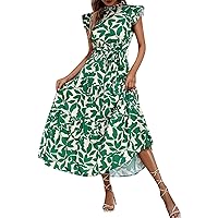 Ruffle Dress Women, Leaf Print Hem Belted Vacation Sleeve for Spring & Summer Women's Clothing Resort, S XXL