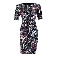 Connected Apparel Womens Purple Gathered Floral Elbow Sleeve Round Neck Above The Knee Evening Sheath Dress Petites 4P