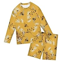 Bee Flowers Boys Rash Guard Sets Long Sleeve Rash Guards Shirt with Swim Trunk Infant Bathing Suits Boys,3T
