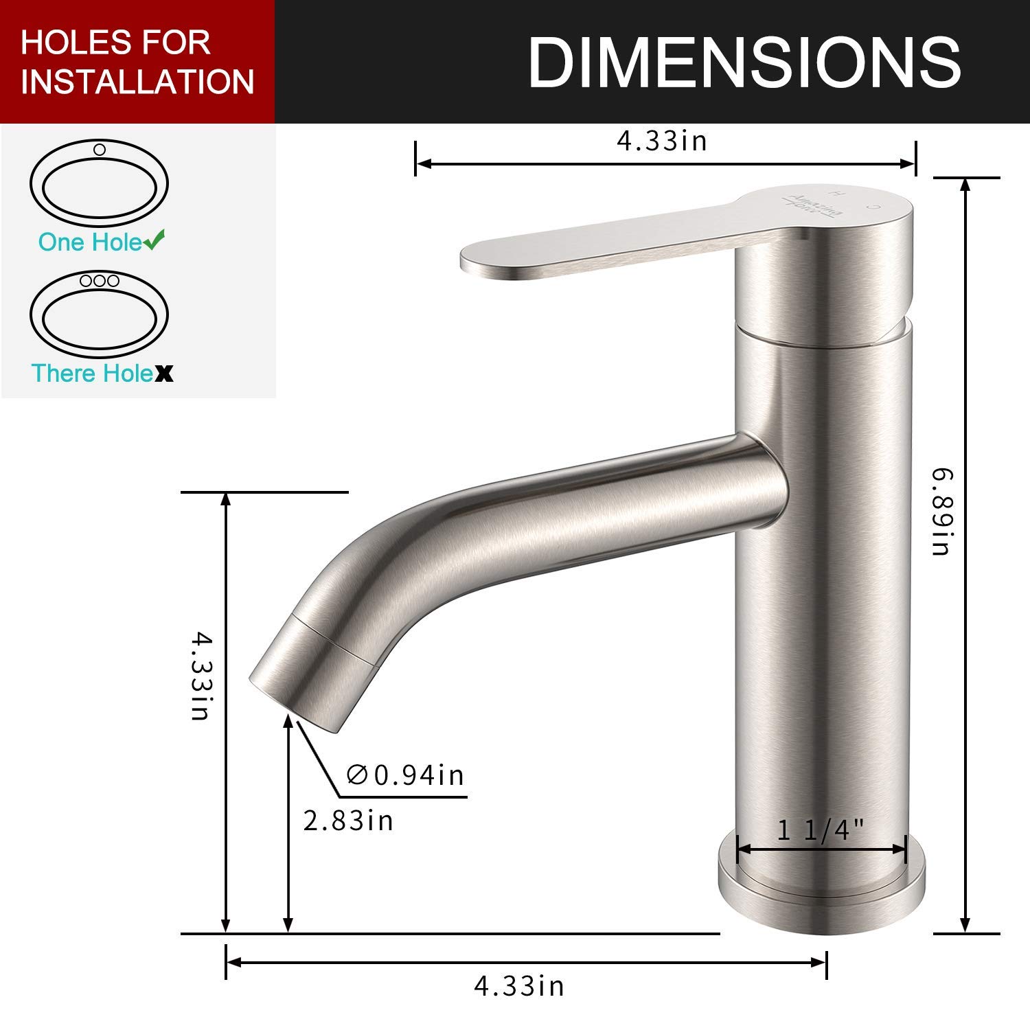 AMAZING FORCE Bathroom Faucet Brushed Nickel Bathroom Sink Faucet Single Hole Bathroom Faucet Single Handle Vanity Faucet- Sink Drain Not Included 1.2 GPM