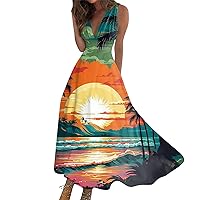 Summer Dresses for Women 2024 Sleeveless Maxi Dress Elegant Wrap V Neck Sundresses Floral Print Flowy Beach Dress