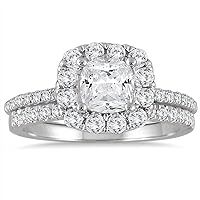 AGS Certified 2 Carat TW Cushion Cut Diamond Halo Bridal Set in 14K White Gold