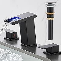 LED Bathroom Faucet 3 Hole, Matte Black Waterfall Bathroom Faucets, 8 Inch Widespread Modern Bathroom Sink Faucet & Parts, Wide Spread Touch On Three Hole 2 Handle Bathroom Vanity Faucet