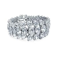 Bling Jewelry Classic Fashion Bridal Multi Row Wide Graduated Cubic Zirconia Cluster AAA CZ Statement Bracelet Silver Plated Perfect for Prom, Wedding or any Special Occasion.