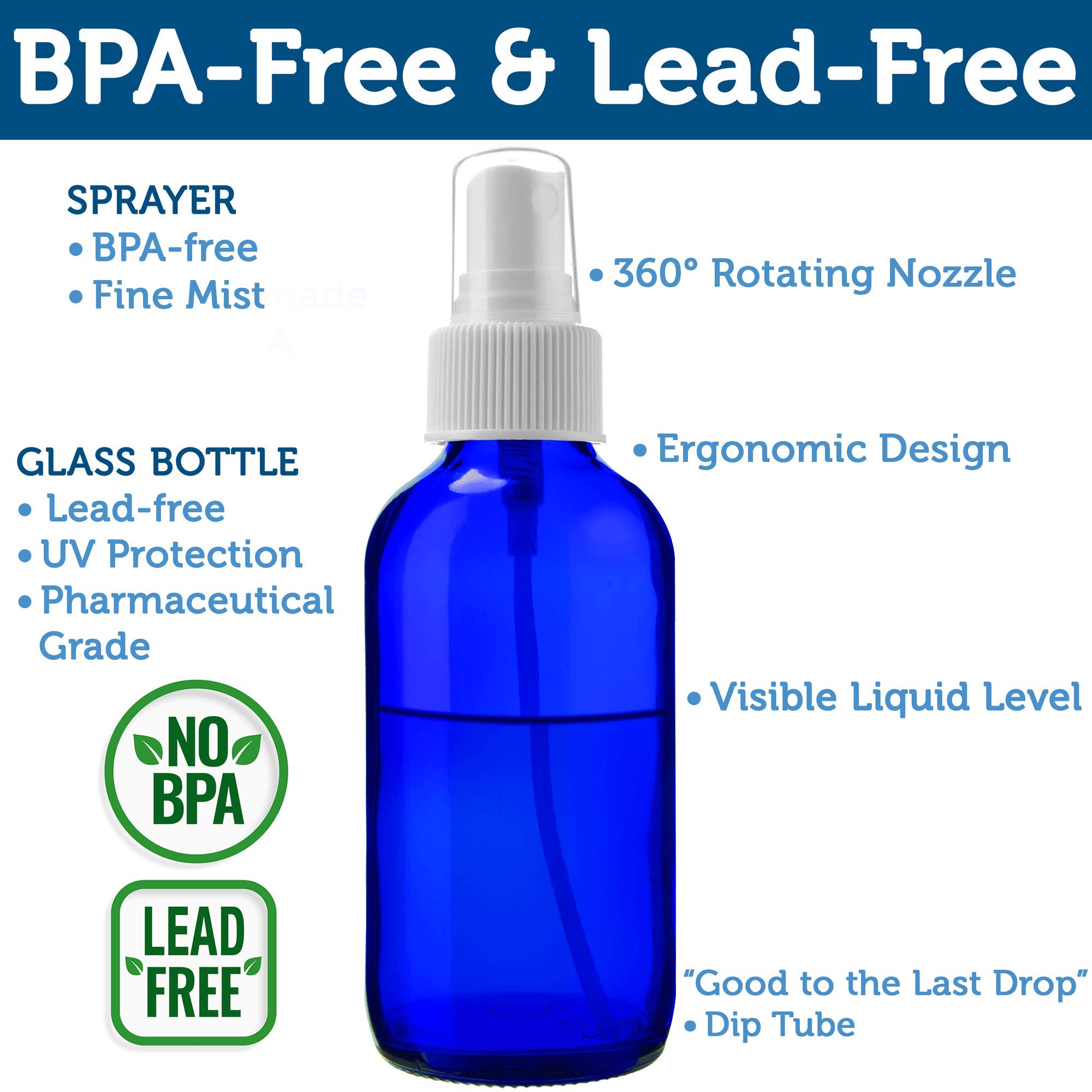 2 Empty Blue Glass Spray Bottles - 4oz Refillable Bottle is Great for Essential Oils, Organic Beauty Solutions, Homemade Cleaning and Aromatherapy - Small Portable Misters with Caps and Labels - 2 Pack