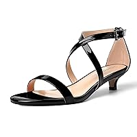 Womens Patent Dress Solid Open Toe Buckle Ankle Strap Round Toe Dating Kitten Low Heel Sandals 1.5 Inch