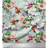 Soimoi Cotton Canvas Green Fabric - by The Yard - 56 Inch Wide - Leaves, Hummingbird & White Floral Flower Print Fabric - Nature-Inspired and Graceful Fusion for Stylish Creations Printed Fabric