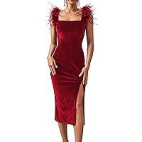 Women's Velvet Split Bodycon Feather Zipper Back Cocktail Party Dress