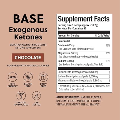Exogenous Ketones Powder, BHB Beta-Hydroxybutyrate Salts Supplement, Best Fuel for Energy Boost, Mental Performance, Mix in Shakes, Milk, Smoothie Drinks for Ketosis – Chocolate, 8.57 oz (243 grs)