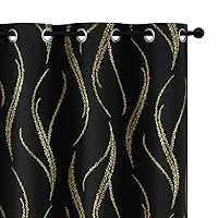 Yakamok Blackout Curtains for Livingroom - Wave Line with Dots Gold Print Design Noise Reducing Thermal Insulated Solid Ring Top Blackout Window Drapes for Livingroom (2 Panels, 52 x 84 Inch, Black)