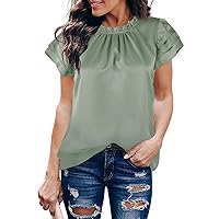 Uincloset Women's Summer Frill Mock Neck Blouse Casual Ruffle Sleeve Satin Tops Keyhole Back Work Office Shirts