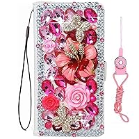 Sparkly Wallet Women Phone Case with Glass Screen Protector,Bling Diamonds Leather Folio Stand Wallet Phone Cover with Lanyards (Pink Flowers,for LG Journey LTE/Arena 2)