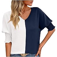 Color Block T Shirts for Women Casual Cute Tops Puff Sleeve V Neck Tunic Vacation Blouses Comfort Summer Clothes