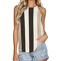 Brown White Stripes Women's Tank Top Sleeveless Crewneck Shirts Loose Fit Blouses Tee Top