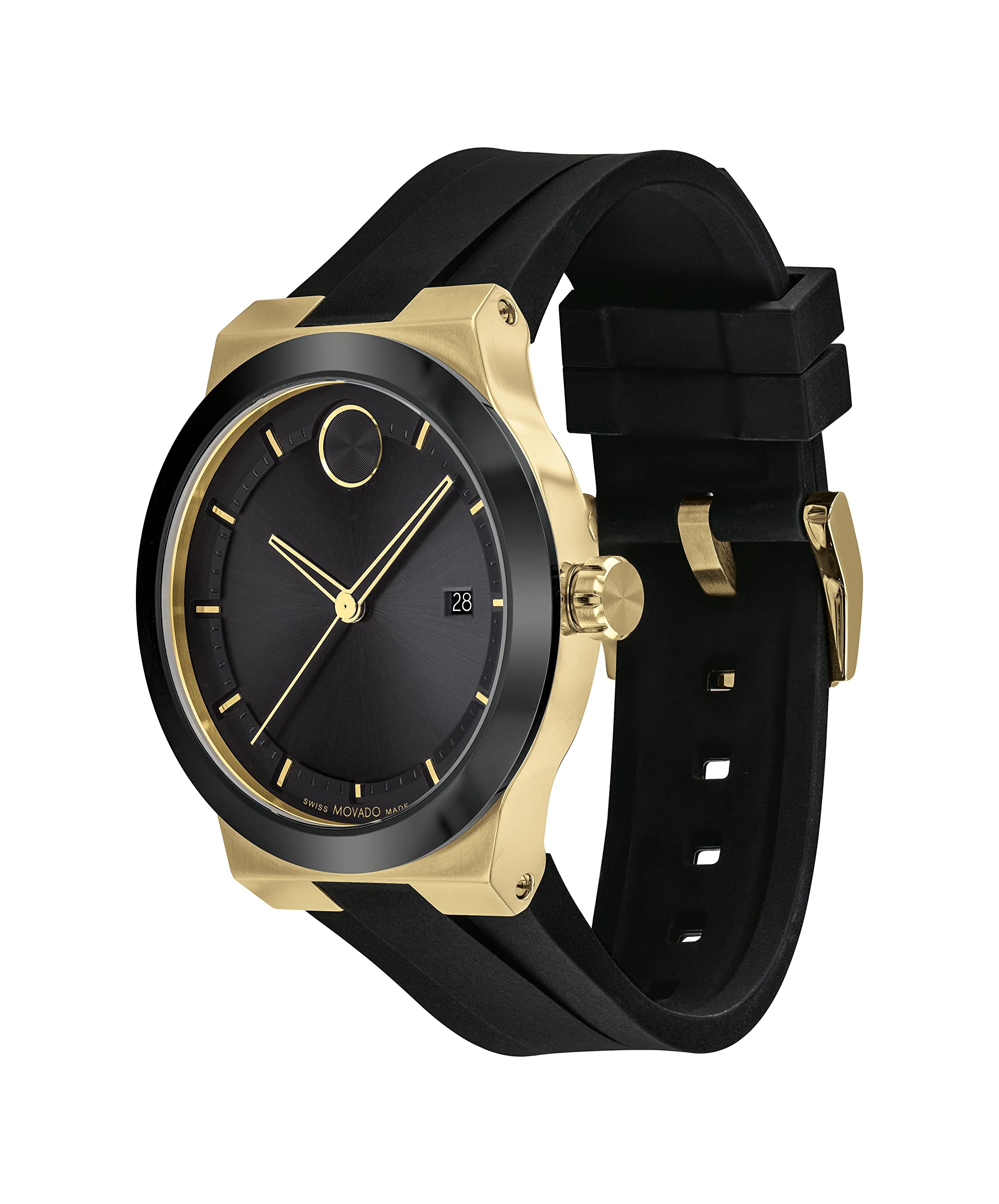 Movado Bold Fusion Men's Swiss Quartz 3600850 Ionic Plated Light Gold Steel Case and Silicone Strap Watch, Color: Black