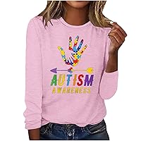 Autism Teacher Shirt Women's Autism Awareness Letter Long Sleeve Tops Funny Puzzle Hand Graphic Autism Support Tees