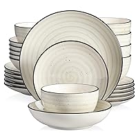 Stoneware Dinnerware Sets 24 Pieces Bonbon Beige Dinner Set, Plates and Bowls Sets with Dinner Plates Pasta Bowls Soup Bowls Handpainted Spirals Pattern Dish Sets, Service for 6