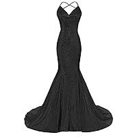 DYS Women's Sequins Mermaid Prom Dress Spaghetti Straps V Neck Backless Gowns One Size Black
