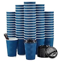 80 Pack 16 oz Disposable Coffee Cups with Lids and Straws, Insulated Ripple Wall To Go Paper Coffee Cups for Coffee, Hot Chocolate and Hot Tea Drinks - Navy