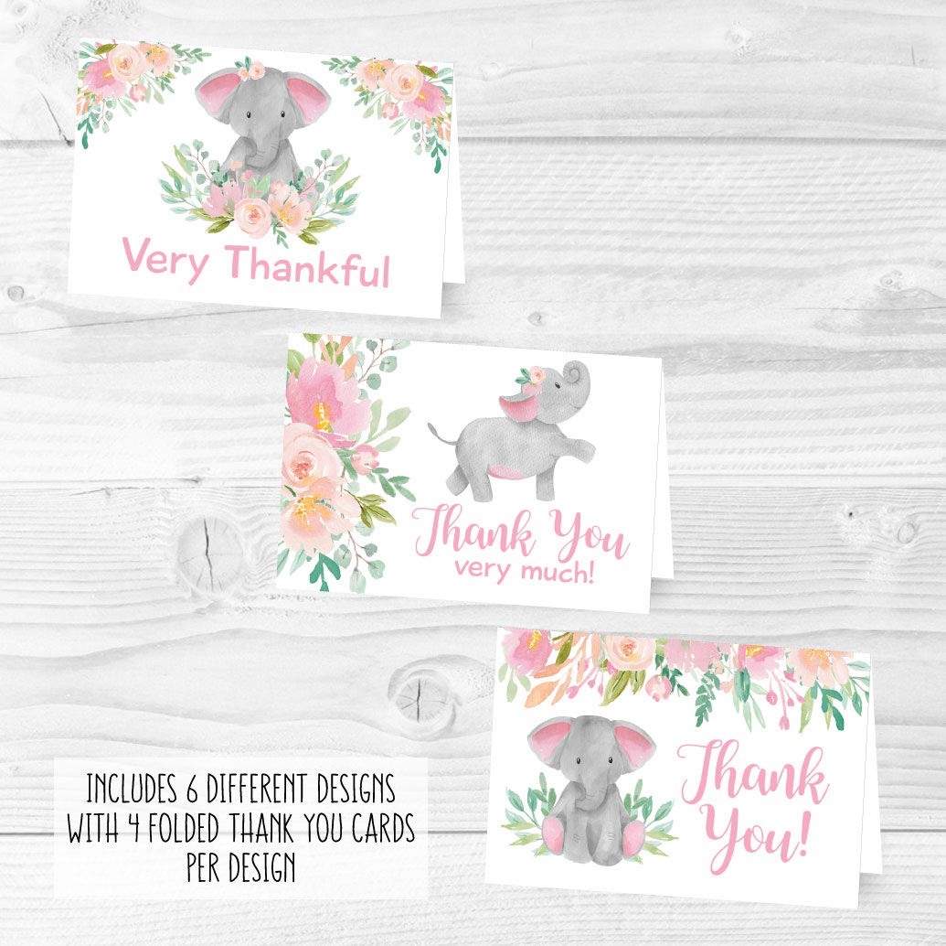 24 Pink Floral Elephant Baby Shower Thank You Cards With Envelopes, Kids Thank You Note, Vintage Animal 4x6 Varied Gratitude Card Pack For Party, Kids Girl Children Birthday, Modern Event Stationery