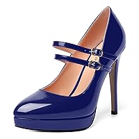 Womens Platform Pointed Toe Solid Buckle Party Patent Ankle Strap Dress Stiletto High Heel Pumps Shoes 4.7 Inch