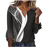 3/4 Length Sleeve Tops for Women Fall Fashion Printed Graphic Tee Tunics Casual V Neck Bell Sleeve Work Shirts