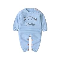 Newborn Baby Romper Knit Long Sleeve Jumpsuit for Boys Girls One Piece Overall Infant Baby Clothes-Blue 0-6 Months