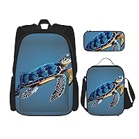 Blue Sea Turtle pint Backpack Travel Daypack With Lunch Box Pencil Bag 3 Pcs Set Casual Rucksack Fashion Backpacks