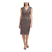 Jessica Howard Womens Beige Stretch Lace Scalloped Ruched Floral Sleeveless V Neck Below The Knee Formal Sheath Dress 4