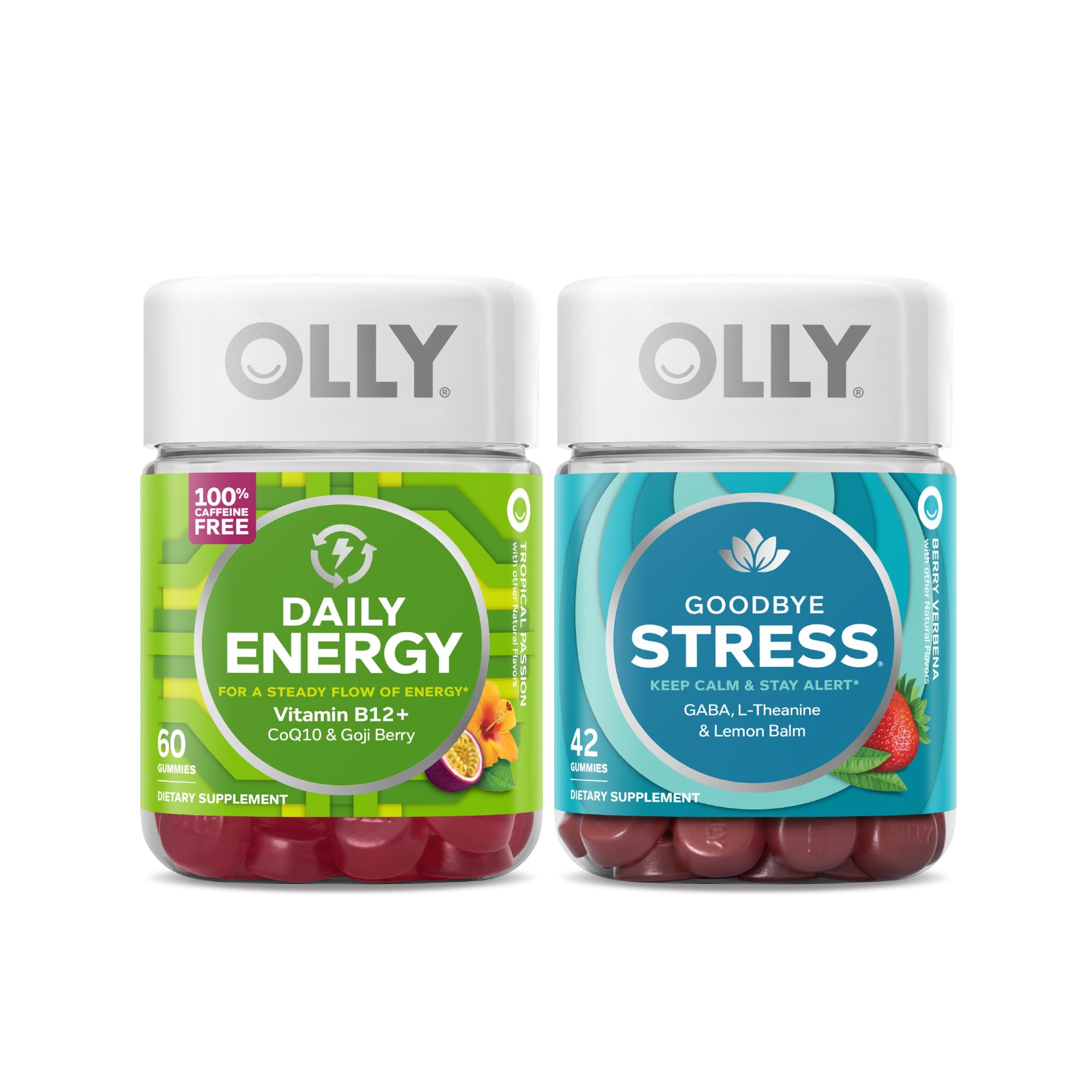 OLLY Daily Energy and Goodbye Stress Starter Pack Bundle, for A Steady Flow of Energy, Keep Calm & Stay Alert, 60 and 42 Count