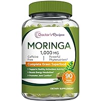 Doctor's Recipes Organic Moringa 10,800 mg Strength, Pure & Wild Harvested, Complete Green Superfood, Natural Antioxidant Support, Non-GMO, 90 Vegan Caps, No Caffeine Soy Gluten