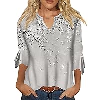 Womens 3/4 Sleeve Summer Tops,Fall Elbow Length Tops Trendy V-Neck Print 3/4 Sleeves Print T-Shirt Slim Top Casual