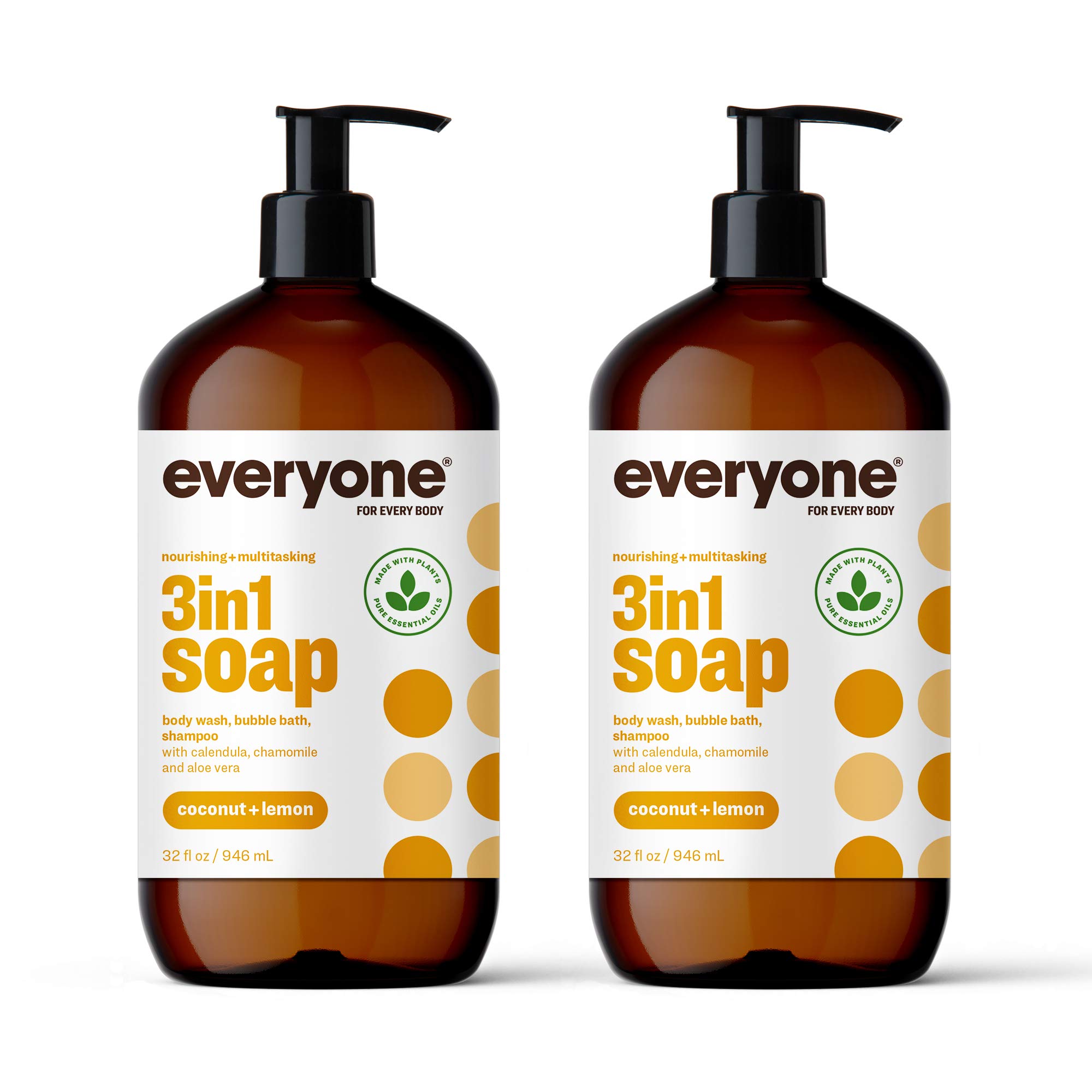 Everyone 3-in-1 Soap, Body Wash, Bubble Bath, Shampoo, 32 Ounce (Pack of 2), Coconut and Lemon, Coconut Cleanser with Plant Extracts and Pure Essential Oils