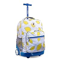J World New York Sunrise Kids Rolling Backpack for Girls Boys Teen. Roller Bookbag with Wheels, Lemona, 18