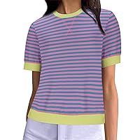 Womens Striped Casual Shirts Short Sleeve Loose Fit Tee Tops Boat Neck Summer Fashion 2024 Tee Shirt
