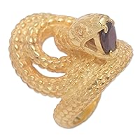 NOVICA Artisan Handmade 18k Gold Plated Garnet Cocktail Ring Snake with Stone Single Indonesia Animal Themed Birthstone Gemstone Halloween 'Golden Cobra Queen'
