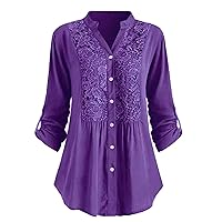 Womens solid color Casual Button Down Blouse Shirts V Neck Roll-up Sleeve Floral Lace Loose Oversized Tops