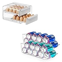 Set of 3 Fridge Organizer Storage Bins, 2 Pack Soda Can Organizer for Refrigerator with 1 Pcs Egg Holder, Plastic Clear Fridge Organizers Stackable Organizer for Kitchen, Cabinet Drawer and Pantry