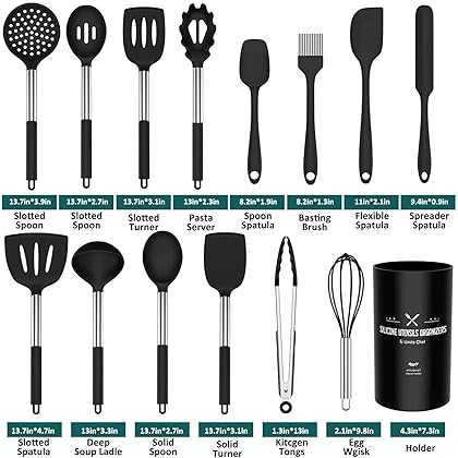 Silicone Cooking Utensil Set,Umite Chef Kitchen Utensils 15pcs Set Non-stick Heat Resistan BPA-Free Stainless Steel Handle Tools Whisk - Grey