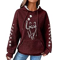 Women Waffle Knit Hoodies Cute Cat Printed Drawstring Pullover Sweatshirts Fashion Casual Sweaters Comfy Fall Clothes
