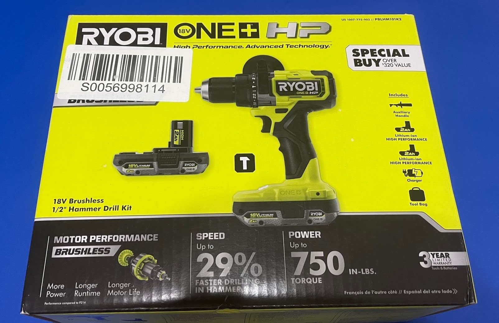 RYOBI ONE+ HP 18V Brushless Cordless 1/2 in. Hammer Drill Kit with (2) 2.0 Ah Batteries, Charger, and Bag (PBLHM101K2)