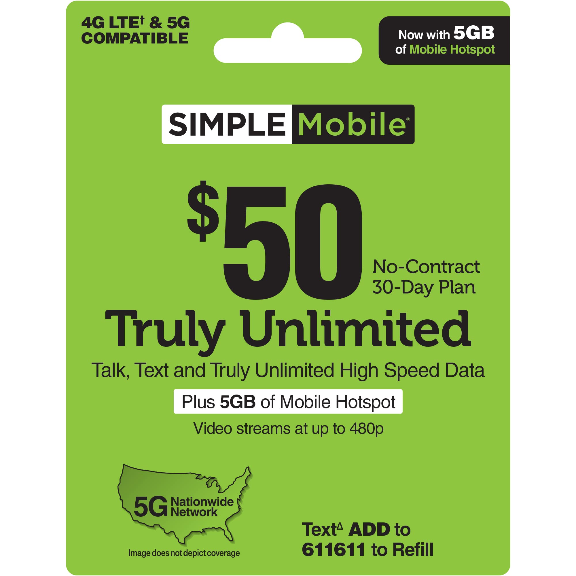 SIMPLE Mobile $50 Truly Unlimited Talk,Text,Data Plan [Physical Delivery]
