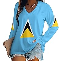 Saint Lucia Flag Women's Long Sleeve Shirts Athletic Workout T-Shirts V Neck Sweatshirts Casual Tops