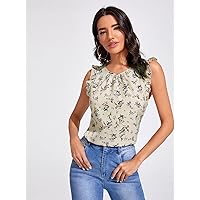 Womens Summer Tops Ruffle Armhole Floral Top (Color : Multicolor, Size : X-Small)