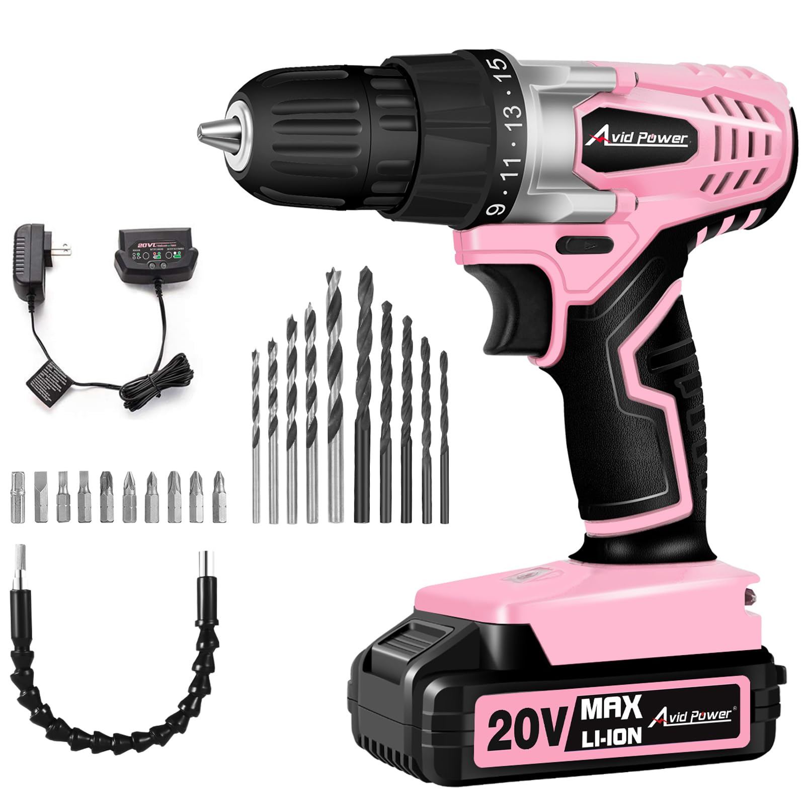 AVID POWER 20V MAX Lithium lon Cordless Drill Set, Power Drill Kit with Battery and Charger, 3/8-Inch Keyless Chuck, Variable Speed, 16 Position and 22pcs Drill Bits (Pink)