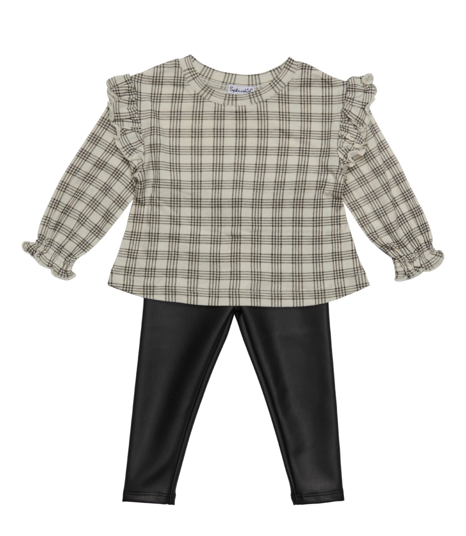 Splendid Baby Girls Long Sleeve, Ruffled Shoulder and Cuff, Checkered Print Top and Leather Legging